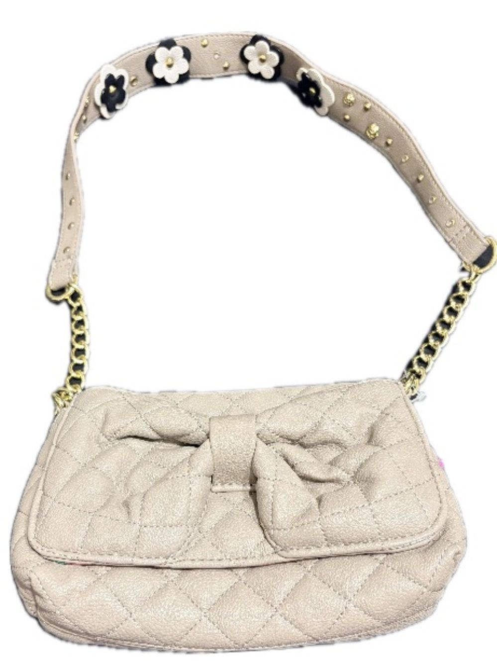 Betsey Johnson Quilted Beige Bow Shoulder Bag with Floral Strap New